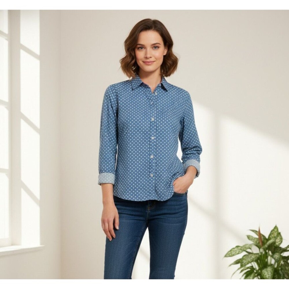 ⭐American Living Womens Shirt small Blue White Star Print Collared Button-up⭐